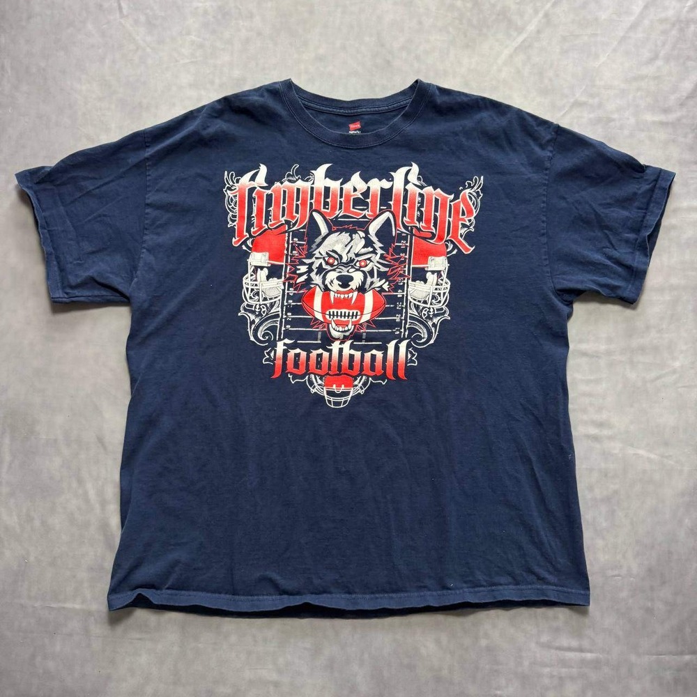 Hanes Timberline Football Wolf T-Shirt Mens 2XL Navy Blue Y2K Double Sided Tee